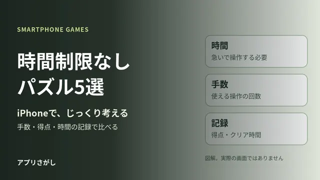 時間制限なしのiPhoneパズル5選。手数・得点・時間の記録の違いを示す図解