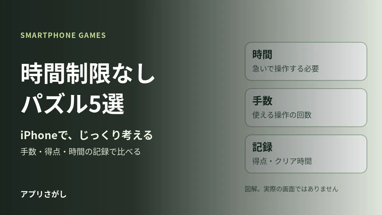 時間制限なしのiPhoneパズル5選。手数・得点・時間の記録の違いを示す図解