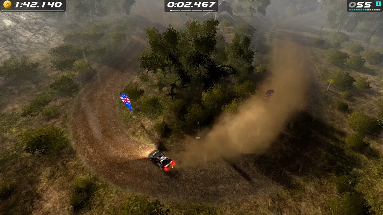 Rush Rally Originsで上空から曲がりくねったコースと車を見る場面