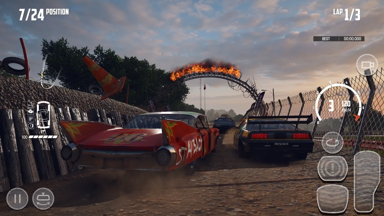 Wreckfestで傷ついた車が他の車と並んで走る場面