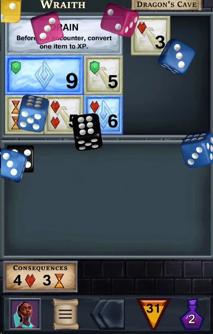 ダイスを条件の枠へ割り当てるOne Deck Dungeonの画面